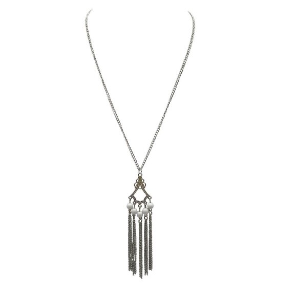 Vintage Silver Tassel Necklace with White Beads and Long Chain - Picture 1 of 4
